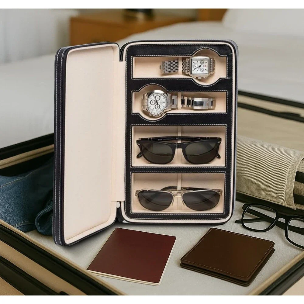 Bey-Berk Personalized Custom Genuine Leather Two Watches and Sunglasses/Eyeglass